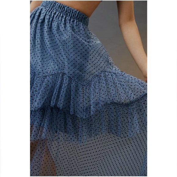 Anthropologie Eva Franco Ruffled Tulle Midi Skirt Blue Polka Dot - Picture 5 of 6